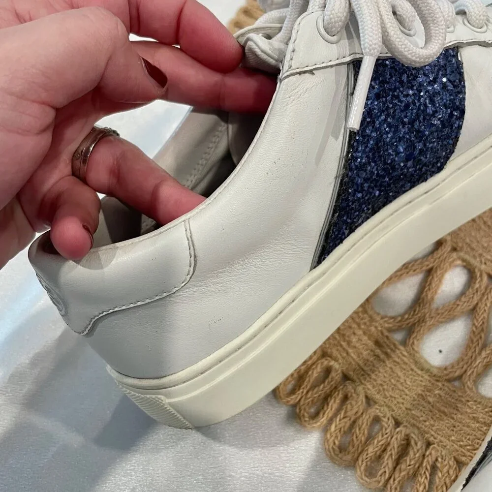 Tory Burch Carter Glitter Sneaker Women's Size 7M Lace Up White Blue